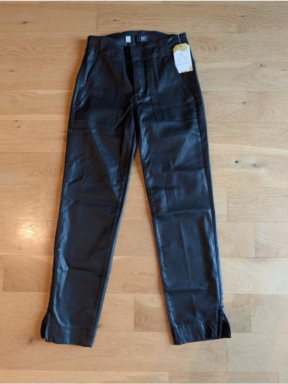 Kut From The Kloth Black Faux Leather Ankle Straight Jeans W/ Zipper Hem, Size 0